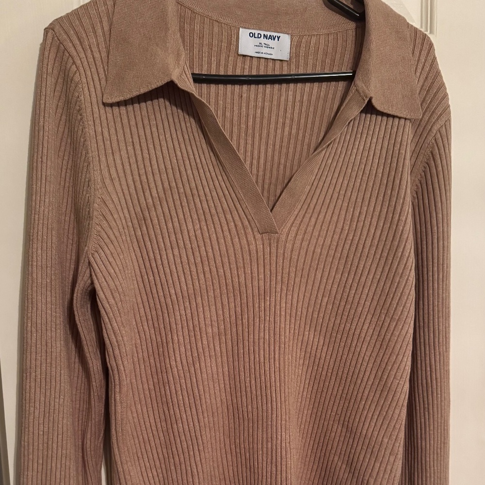 Old Navy Tan Brown Beige V Neck Women’s Collared Sweater Size XL Tall